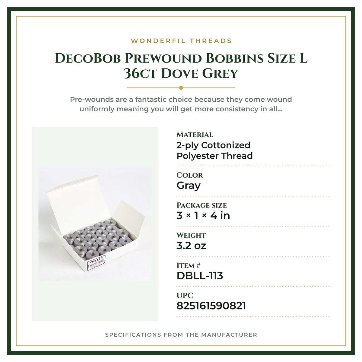 Product Specifications – DecoBob Prewound Bobbins Size L 36ct Dove Grey