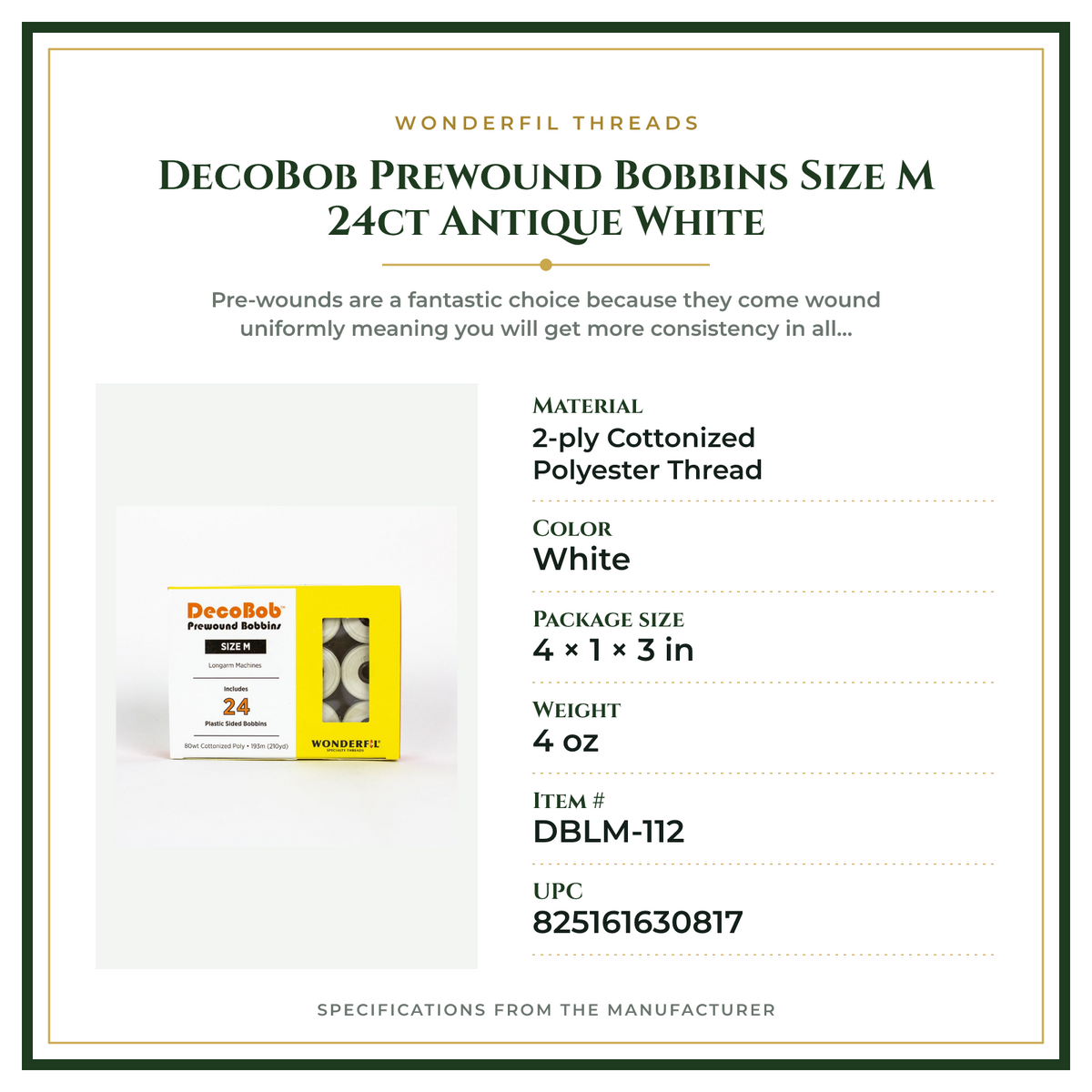Product Specifications – DecoBob Prewound Bobbins Size M 24ct Antique White