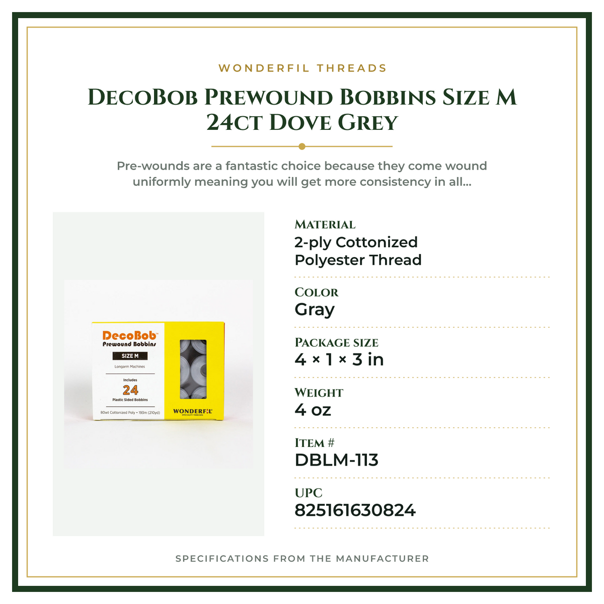 Product Specifications – DecoBob Prewound Bobbins Size M 24ct Dove Grey