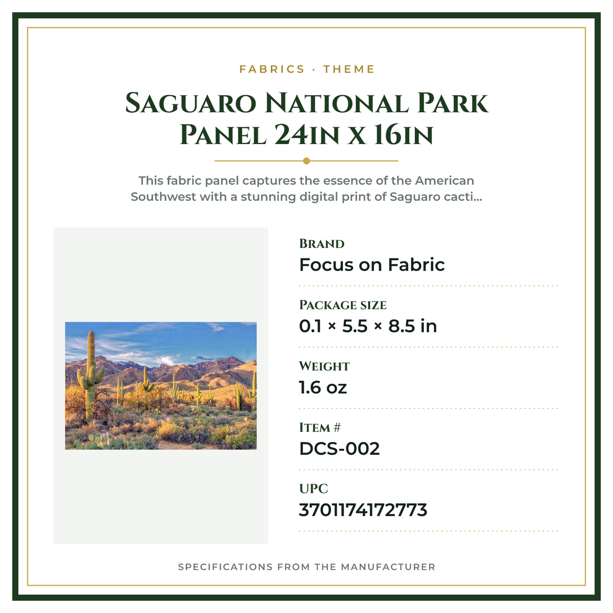 Product Specifications – Saguaro National Park Panel 24in x 16in