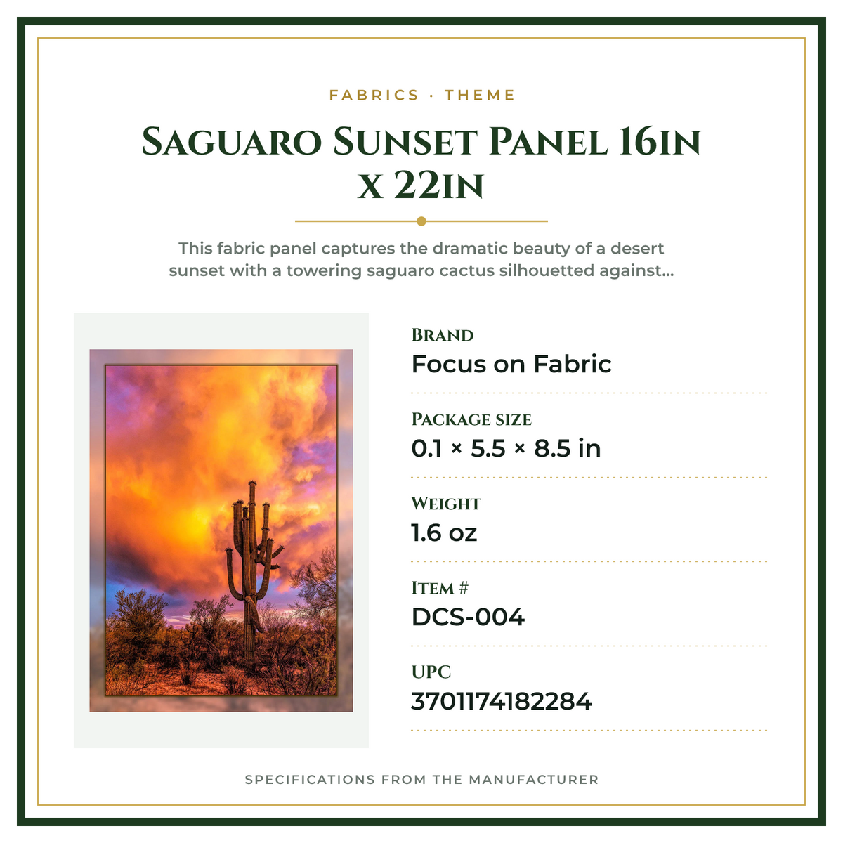 Product Specifications – Saguaro Sunset Panel 16in x 22in