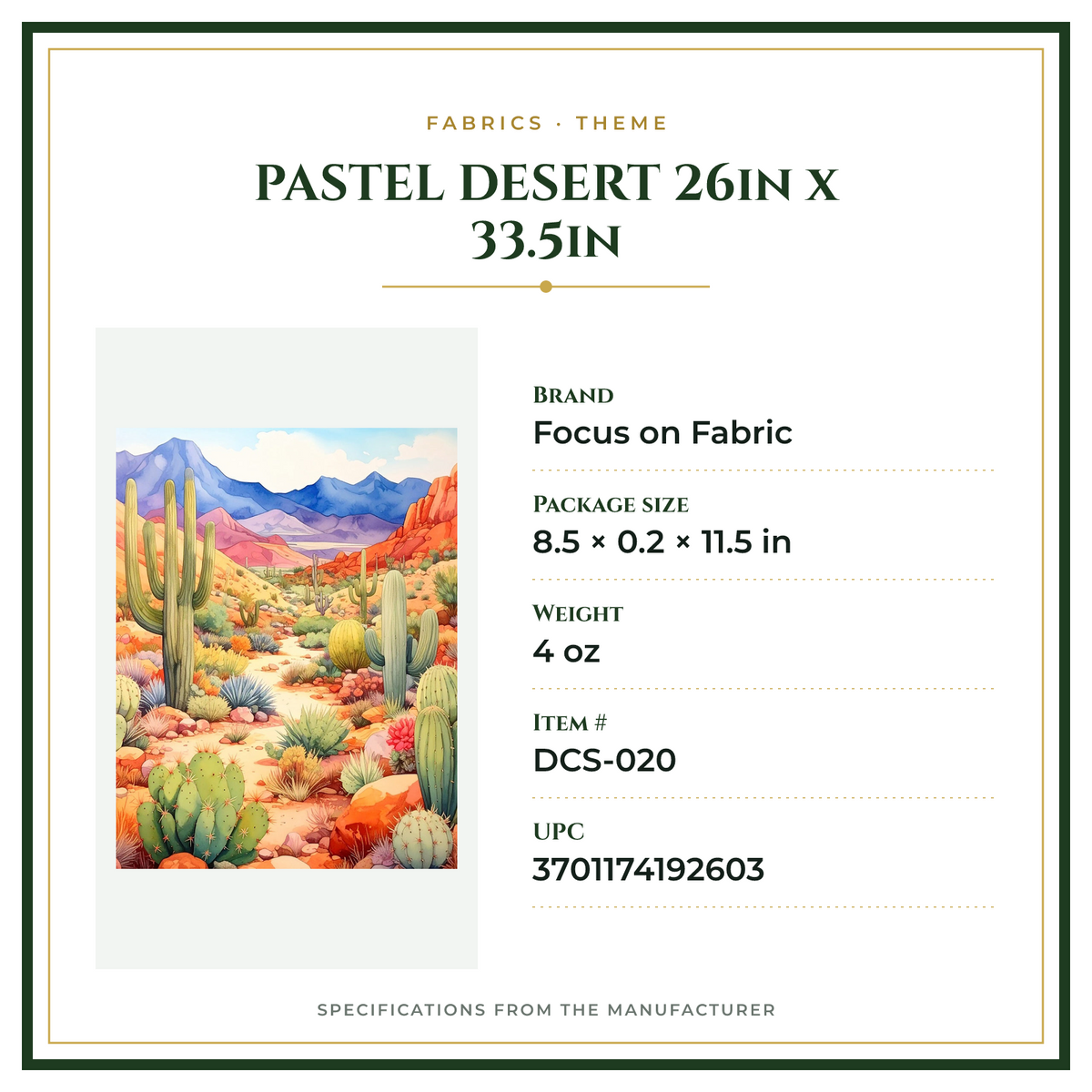 Product Specifications – PASTEL DESERT 26in x 33.5in