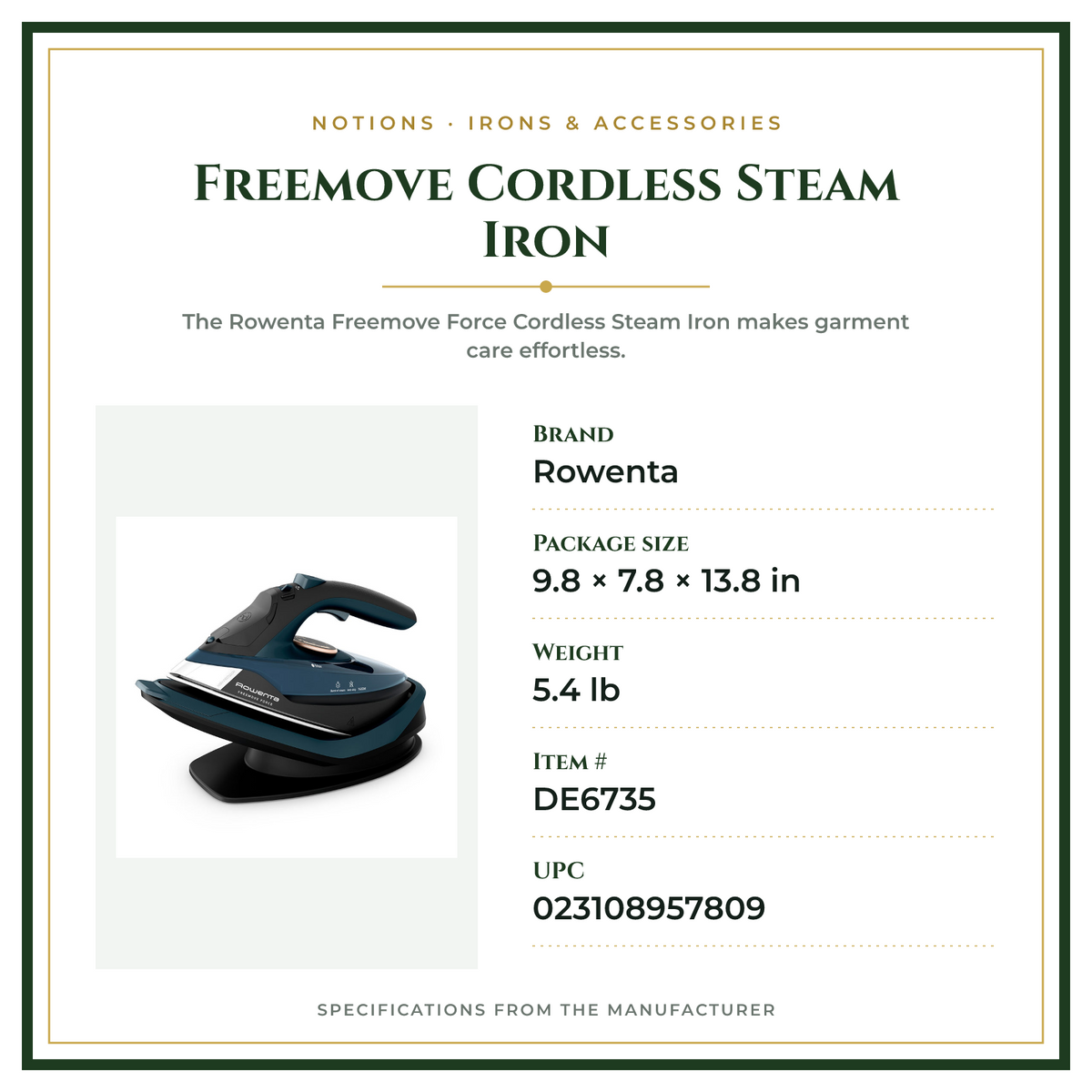 Product Specifications – Freemove Cordless Steam Iron