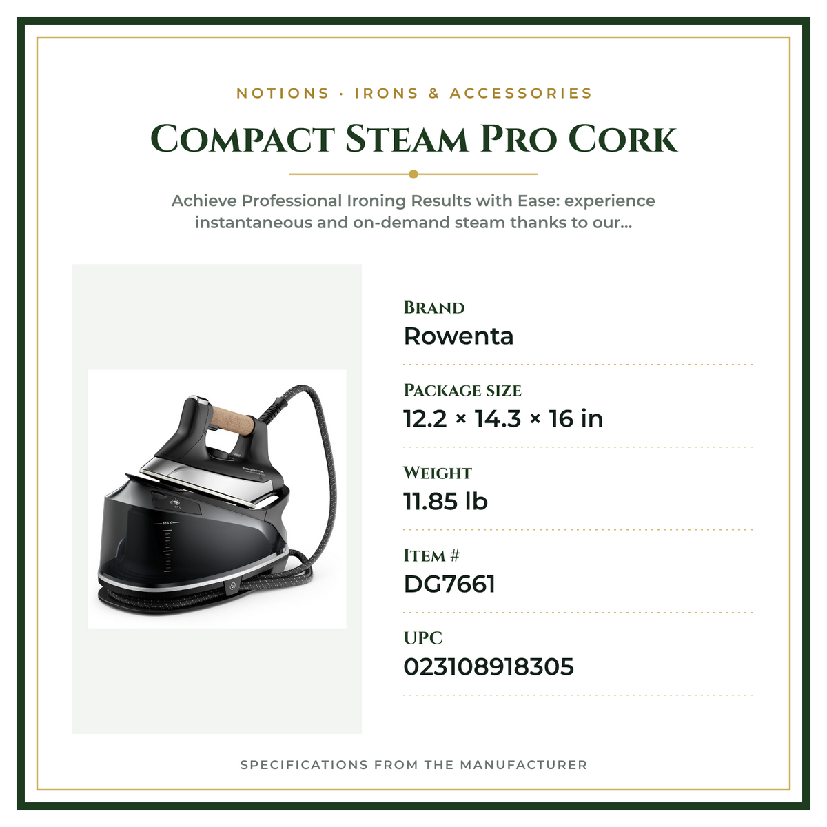 Product Specifications – Compact Steam Pro Cork