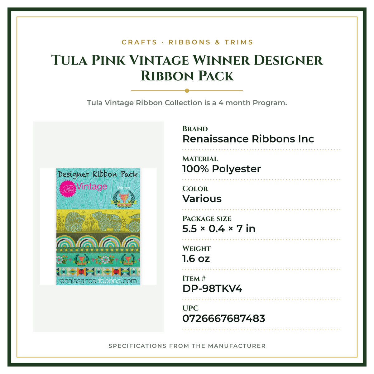 Product Specifications – Tula Pink Vintage Winner Designer Ribbon Pack