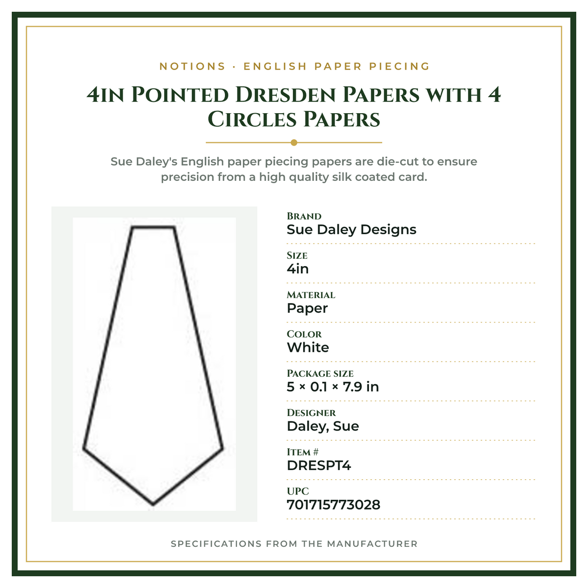 Product Specifications – 4in Pointed Dresden Papers with 4 Circles Papers
