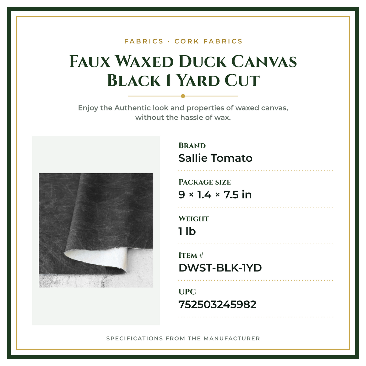 Product Specifications – Faux Waxed Duck Canvas Black 1 Yard Cut