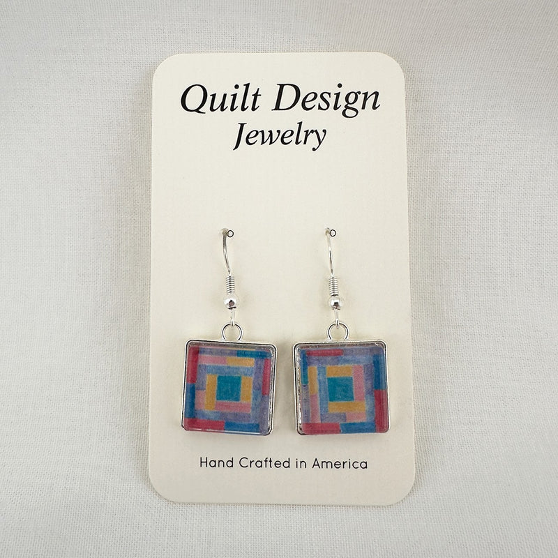 Quilt Earrings Log Cabin Rainbow