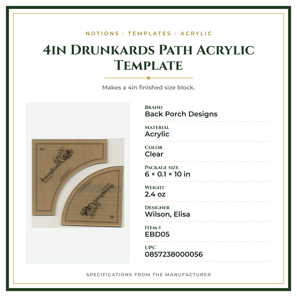 Product Specifications – 4in Drunkards Path Acrylic Template