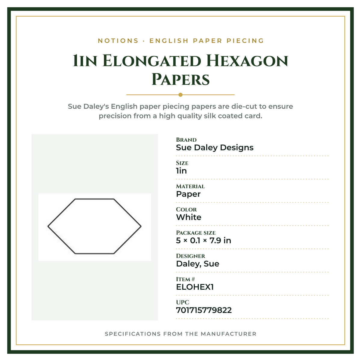 Product Specifications – 1in Elongated Hexagon Papers