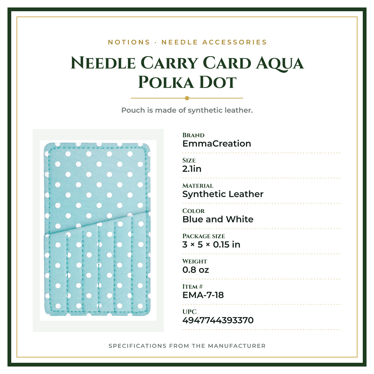Product Specifications – Needle Carry Card Aqua Polka Dot