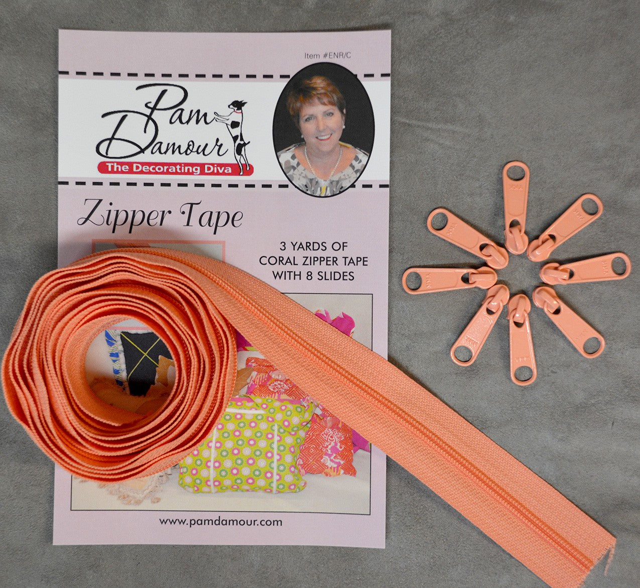 3 yards of Reversible Coil Zipper Tape with 8 Slides Coral