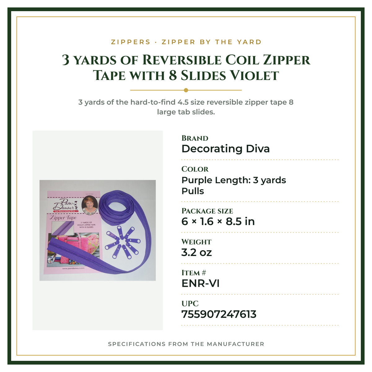 Product Specifications – 3 yards of Reversible Coil Zipper Tape with 8 Slides Violet