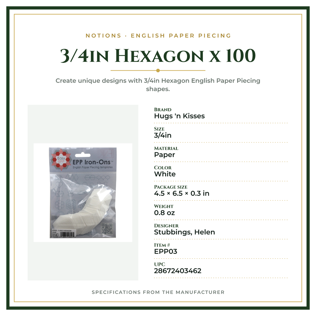 Product Specifications – 3/4in Hexagon x 100