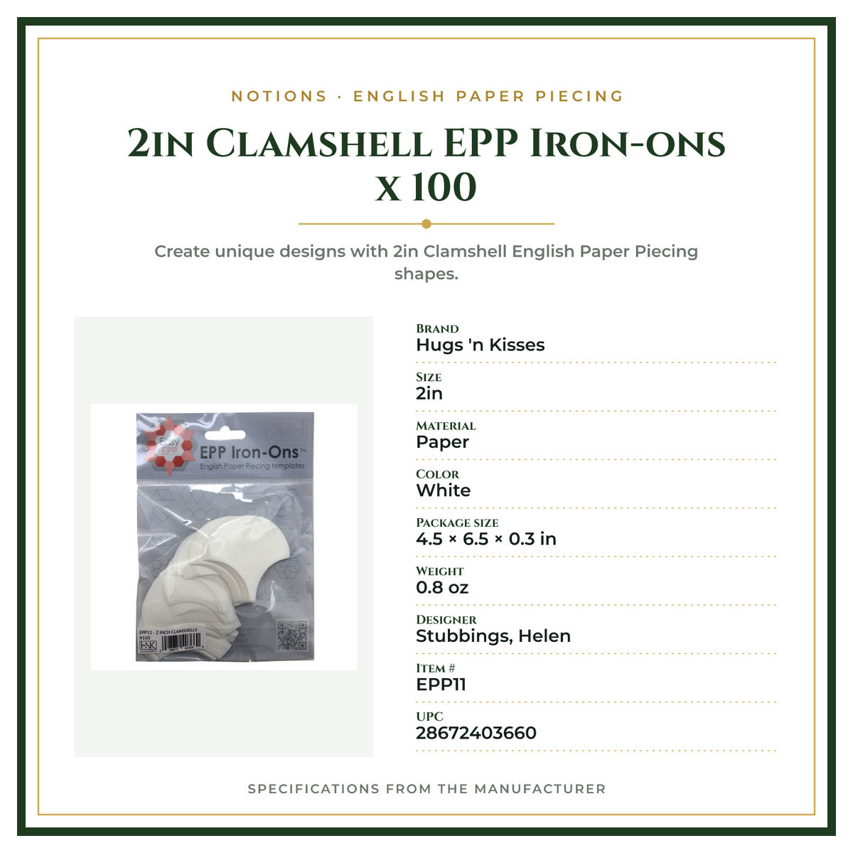 Product Specifications – 2in Clamshell EPP Iron-ons x 100