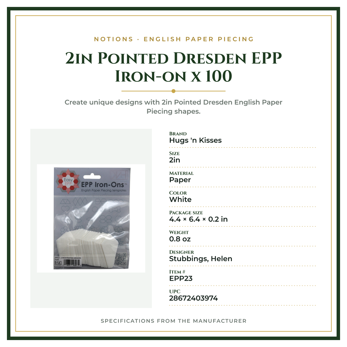 Product Specifications – 2in Pointed Dresden EPP Iron-on x 100