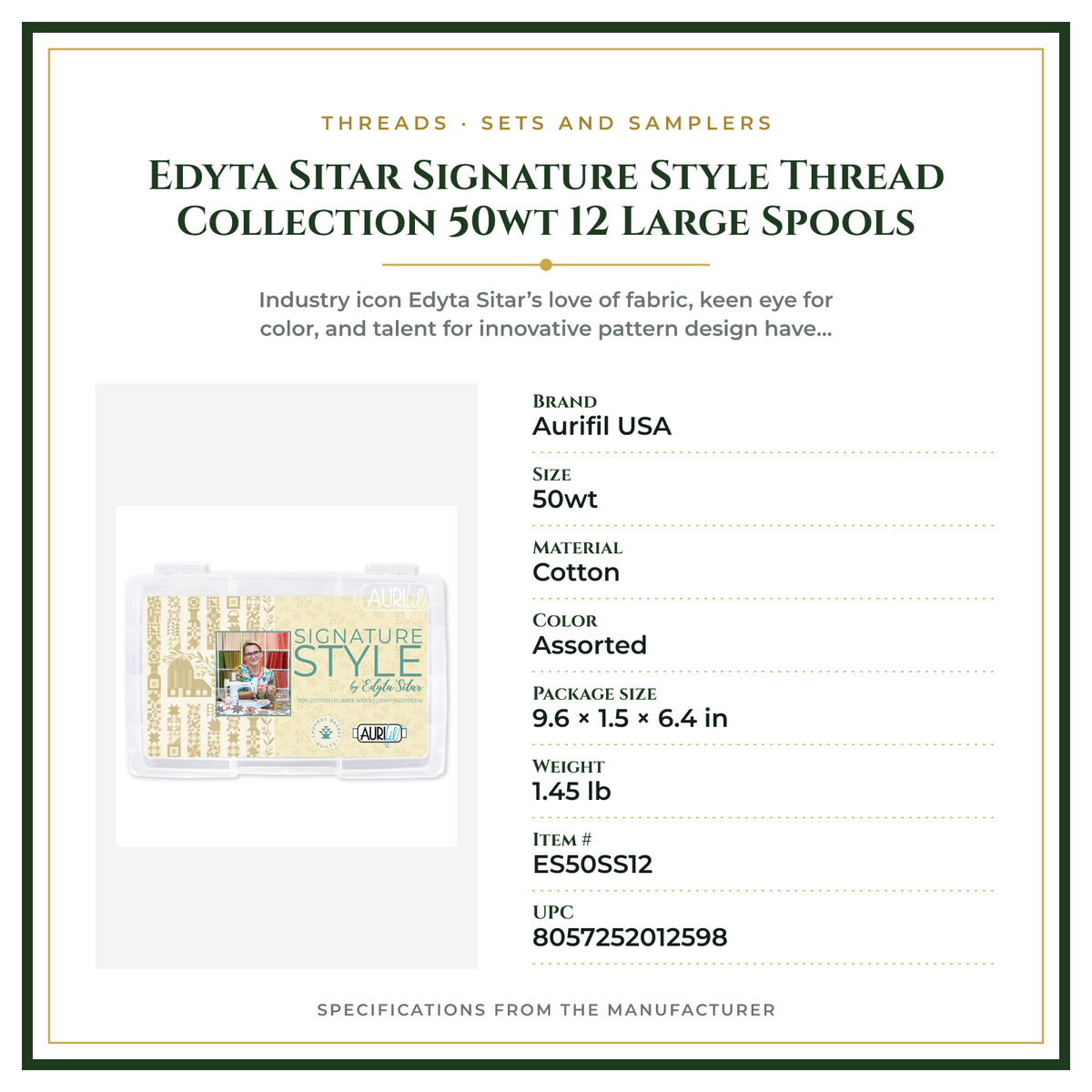 Product Specifications – Edyta Sitar Signature Style Thread Collection 50wt 12 Large Spools