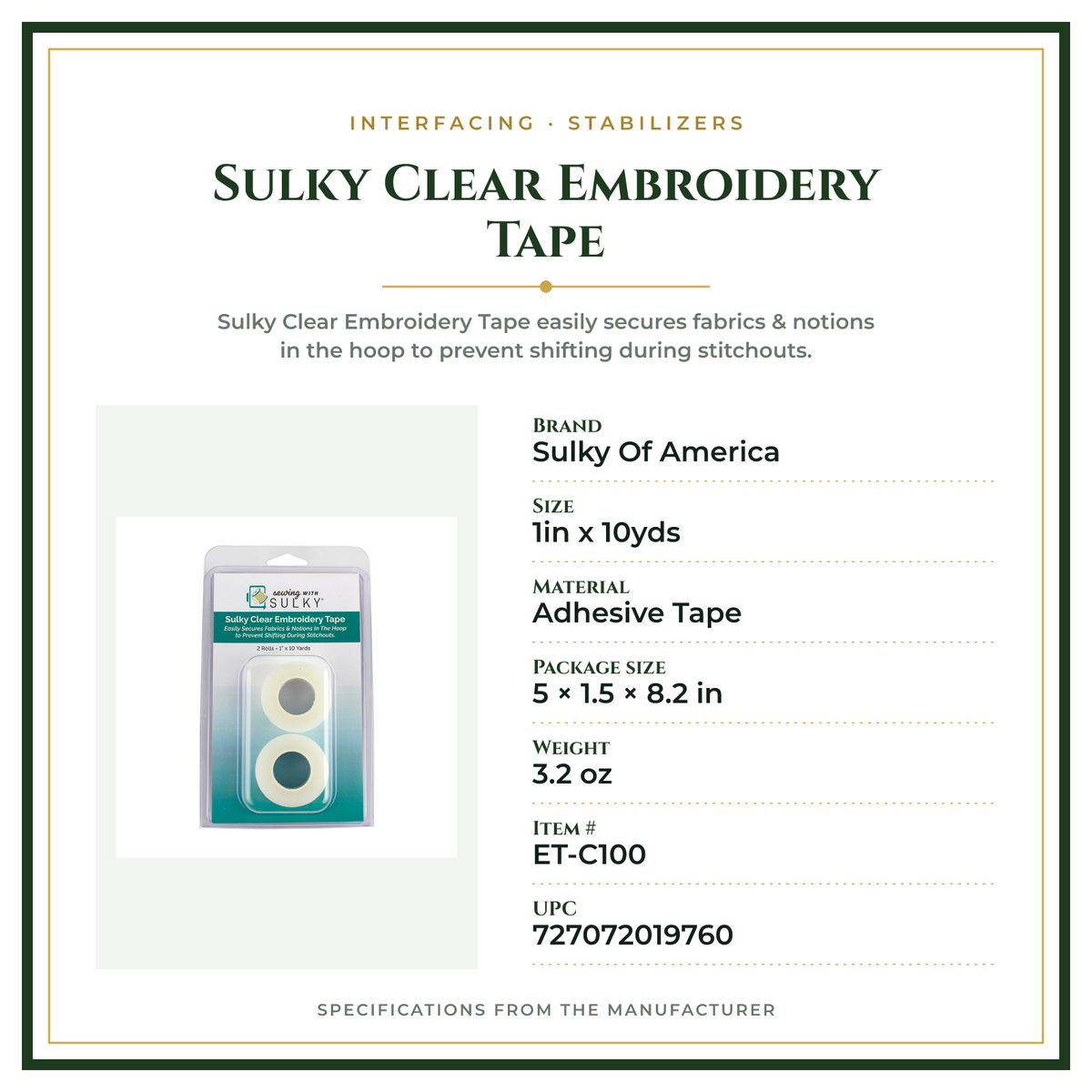 Product Specifications – Sulky Clear Embroidery Tape