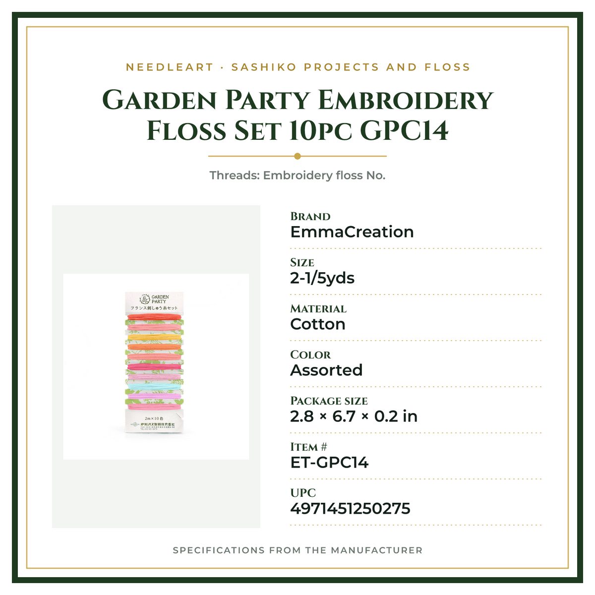 Product Specifications – Garden Party Embroidery Floss Set 10pc GPC14