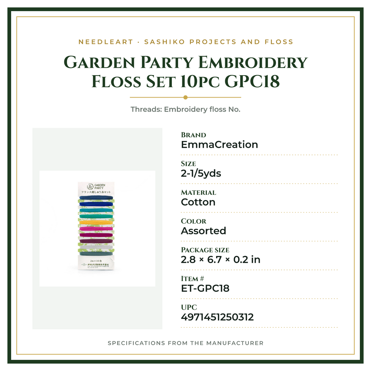 Product Specifications – Garden Party Embroidery Floss Set 10pc GPC18