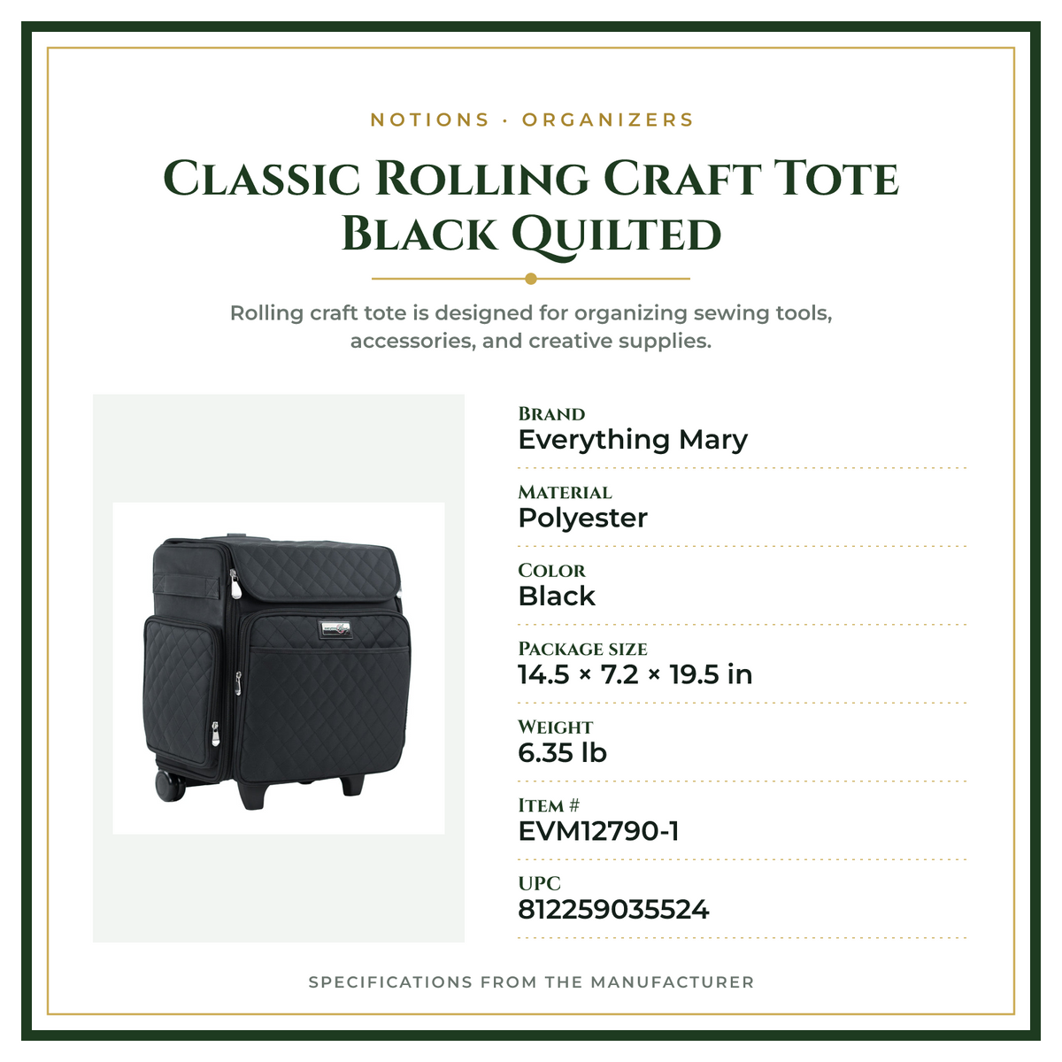 Product Specifications – Classic Rolling Craft Tote Black Quilted