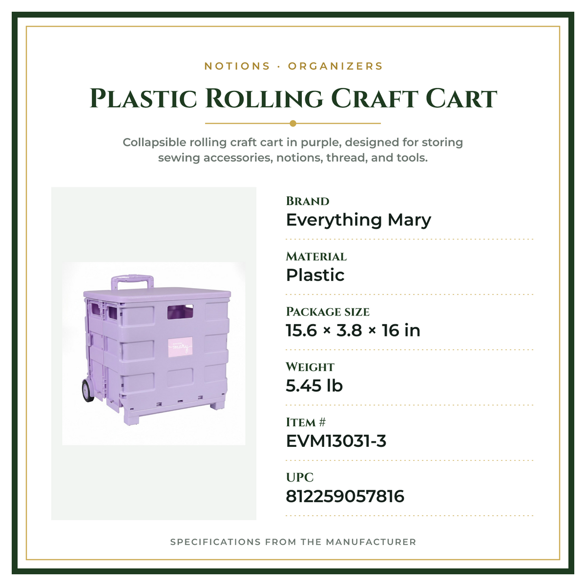 Product Specifications – Plastic Rolling Craft Cart
