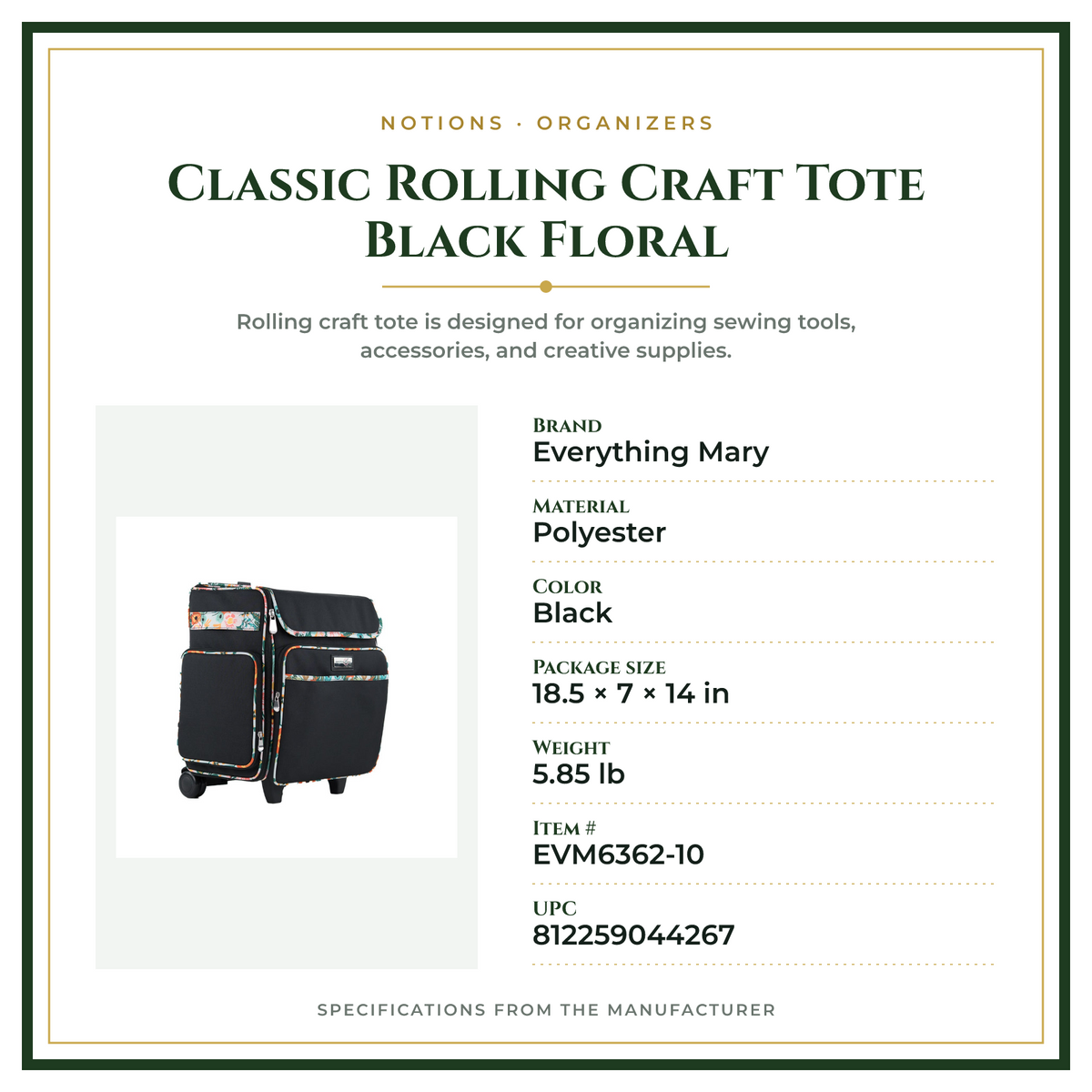Product Specifications – Classic Rolling Craft Tote Black Floral