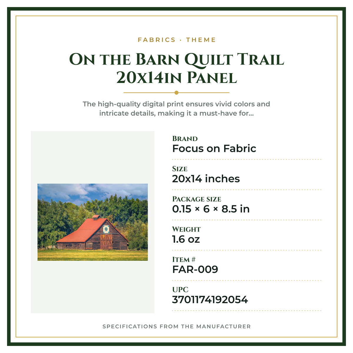 Product Specifications – On the Barn Quilt Trail 20x14in Panel