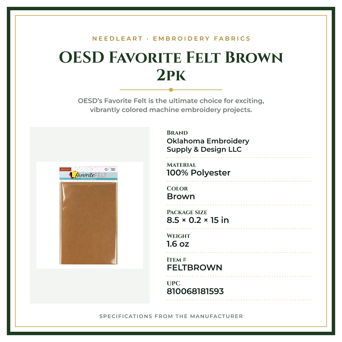 Product Specifications – OESD Favorite Felt Brown 2pk