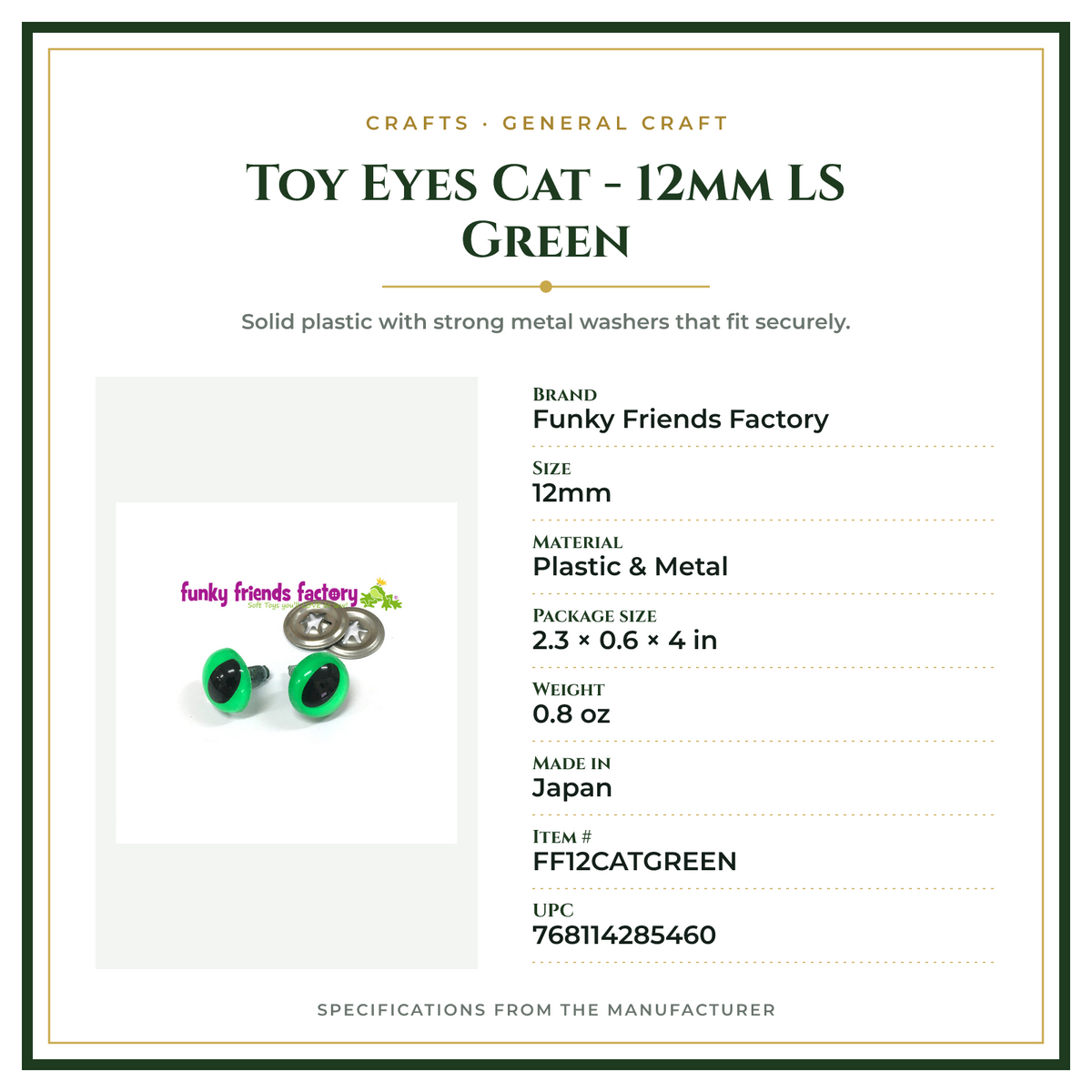 Product Specifications – Toy Eyes Cat - 12mm LS Green