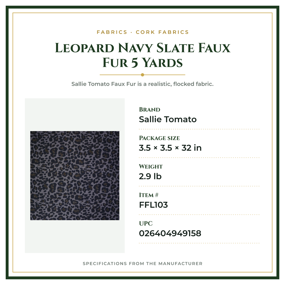 Product Specifications – Leopard Navy Slate Faux Fur 5 Yards