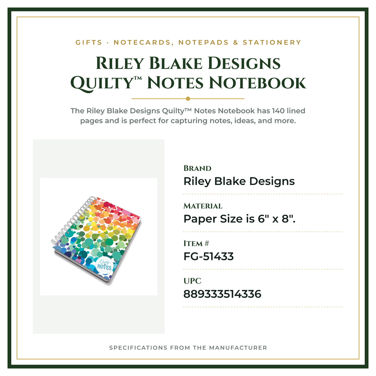 Product Specifications – Riley Blake Designs Quilty™ Notes Notebook