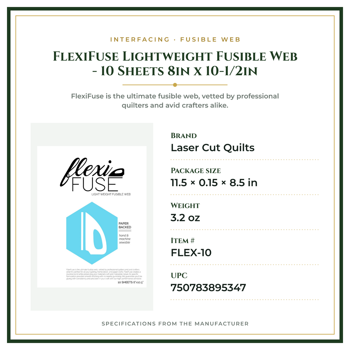 Product Specifications – FlexiFuse Lightweight Fusible Web - 10 Sheets 8in x 10-1/2in