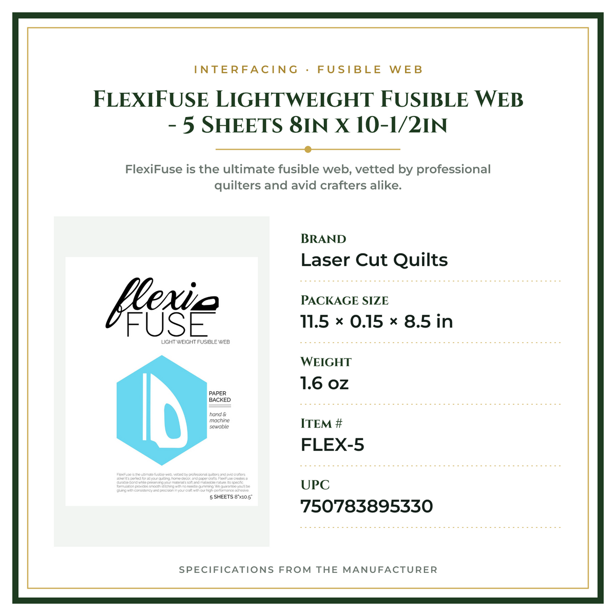 Product Specifications – FlexiFuse Lightweight Fusible Web - 5 Sheets 8in x 10-1/2in