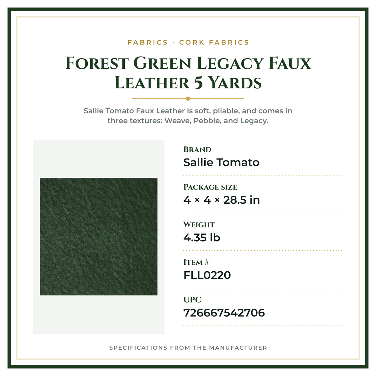 Product Specifications – Forest Green Legacy Faux Leather 5 Yards