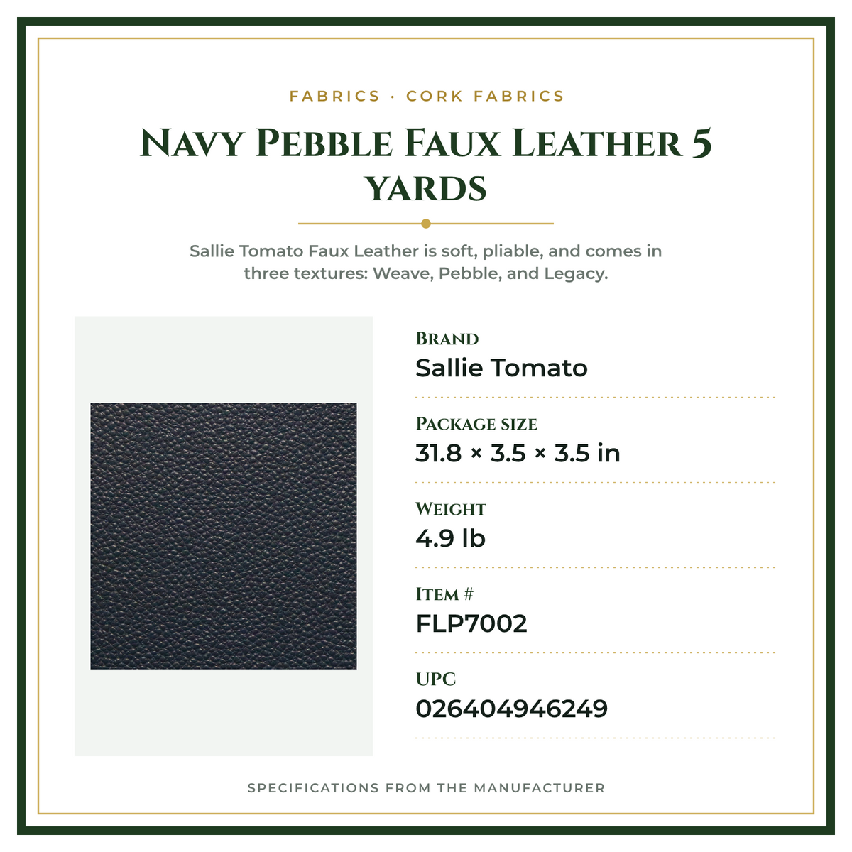 Product Specifications – Navy Pebble Faux Leather 5 yards