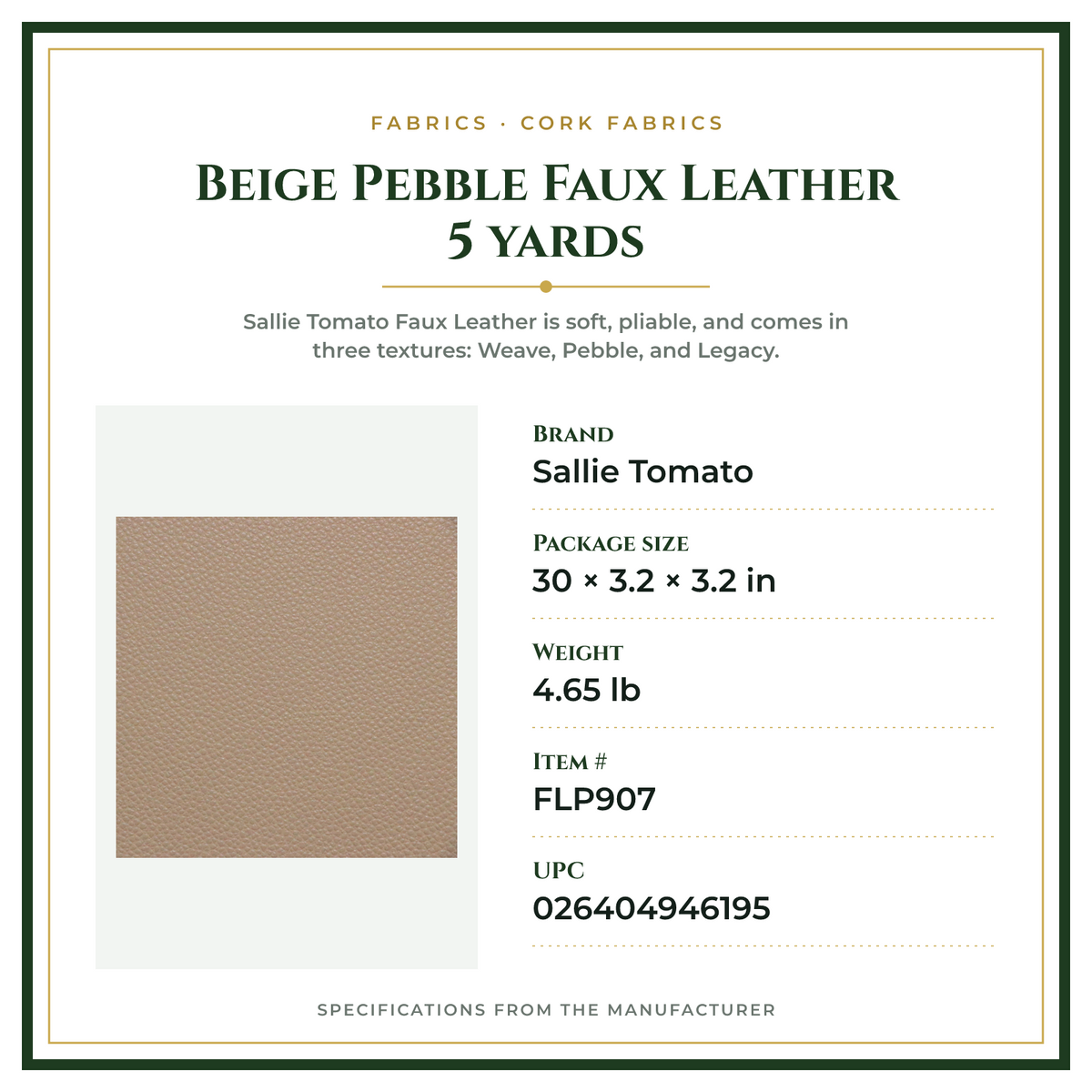 Product Specifications – Beige Pebble Faux Leather 5 yards