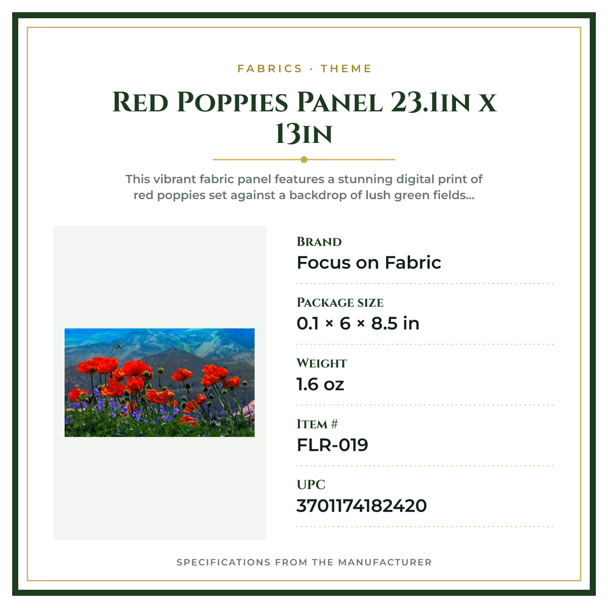 Product Specifications – Red Poppies Panel 23.1in x 13in
