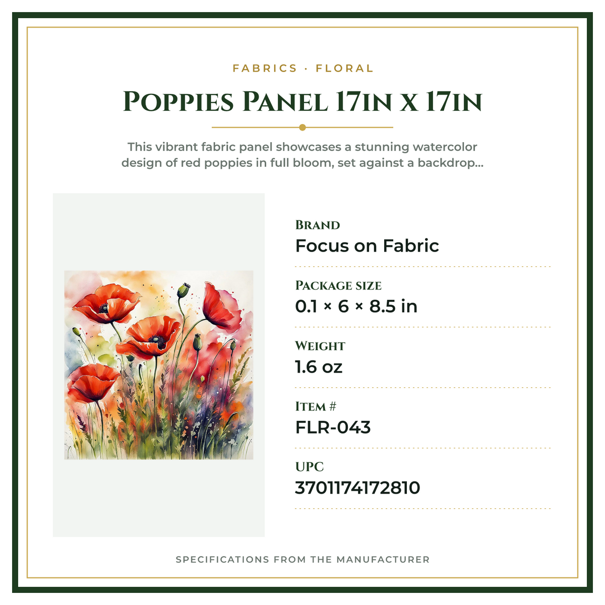 Product Specifications – Poppies Panel 17in x 17in