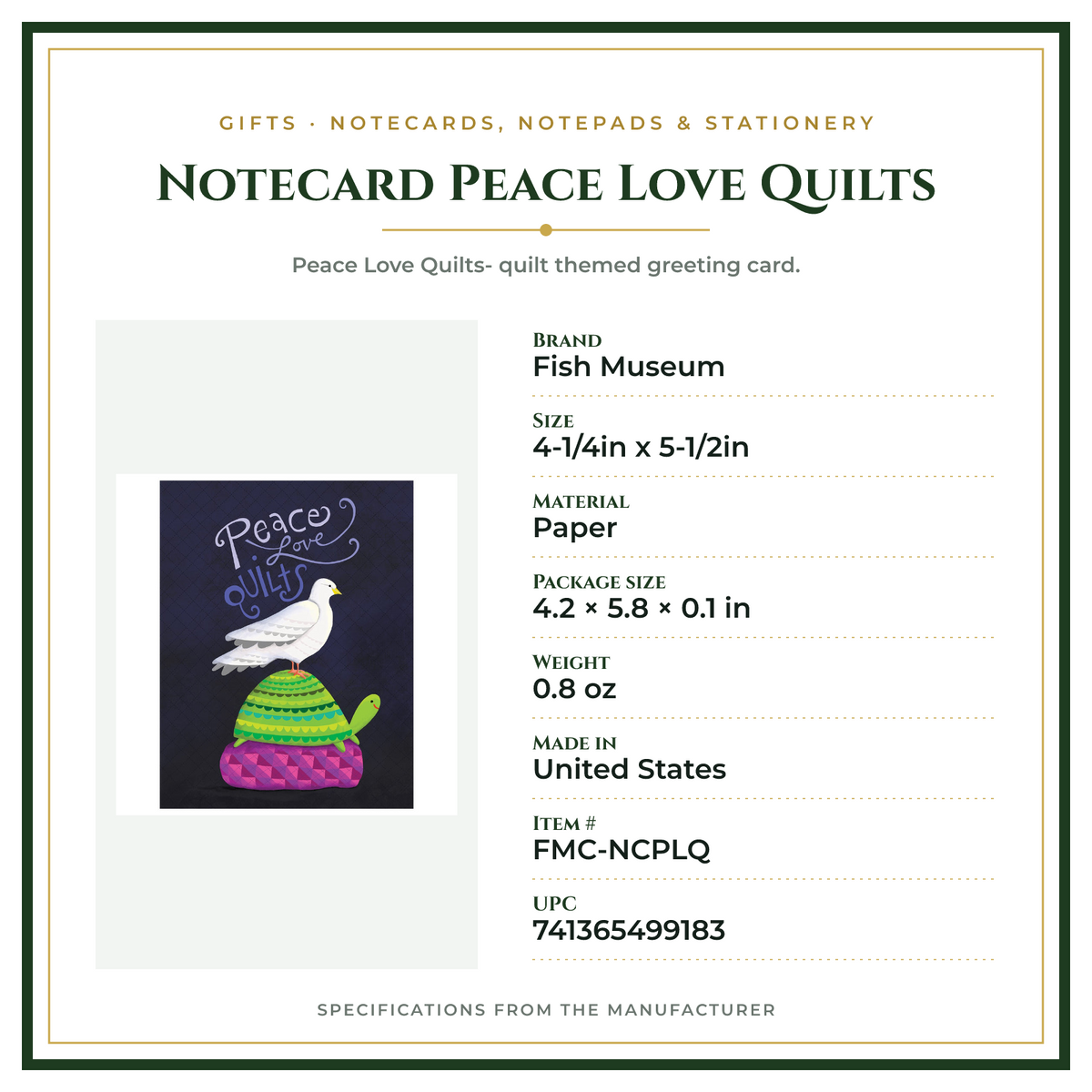 Product Specifications – Notecard Peace Love Quilts