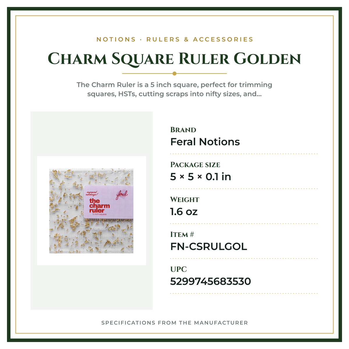 Product Specifications – Charm Square Ruler Golden