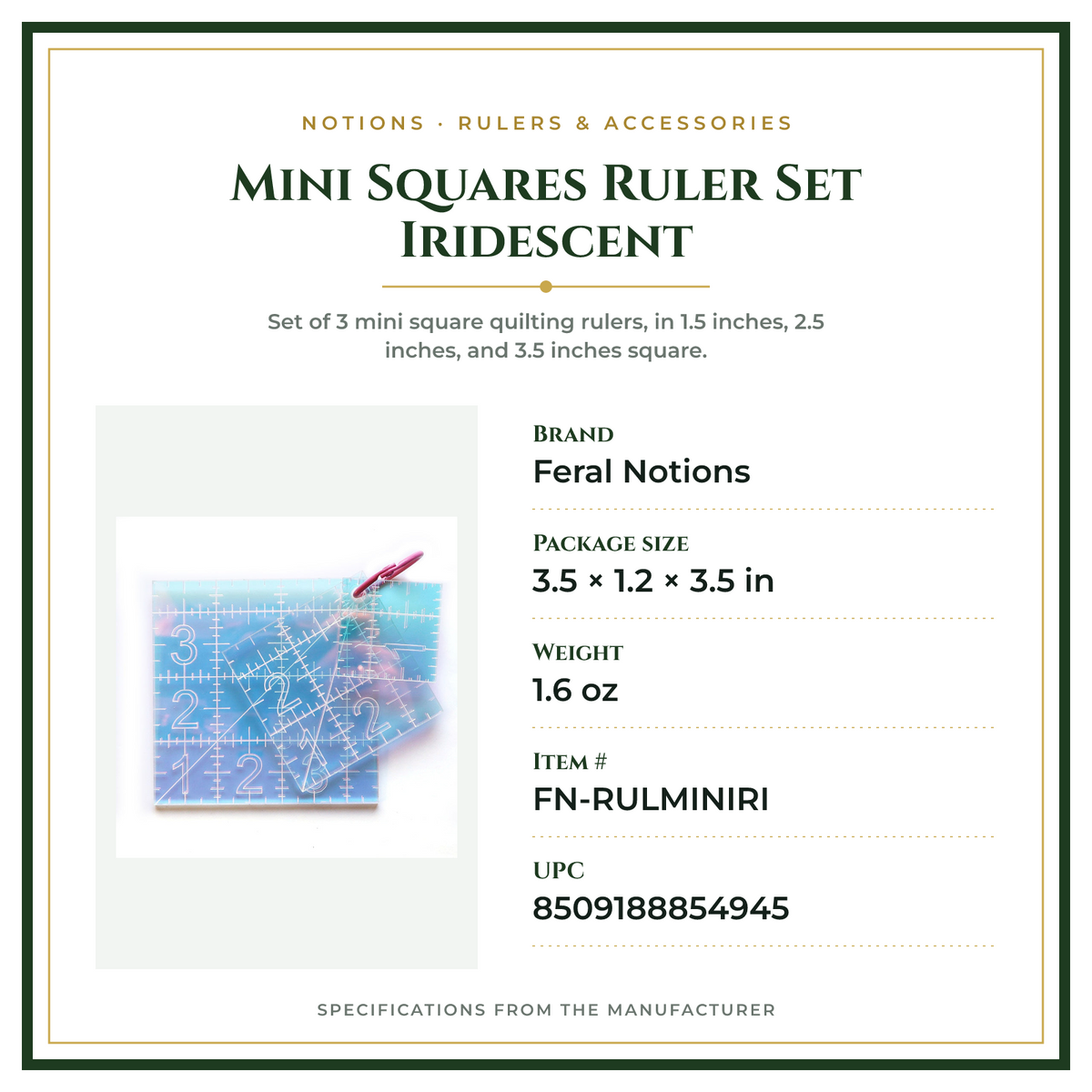 Product Specifications – Mini Squares Ruler Set Iridescent