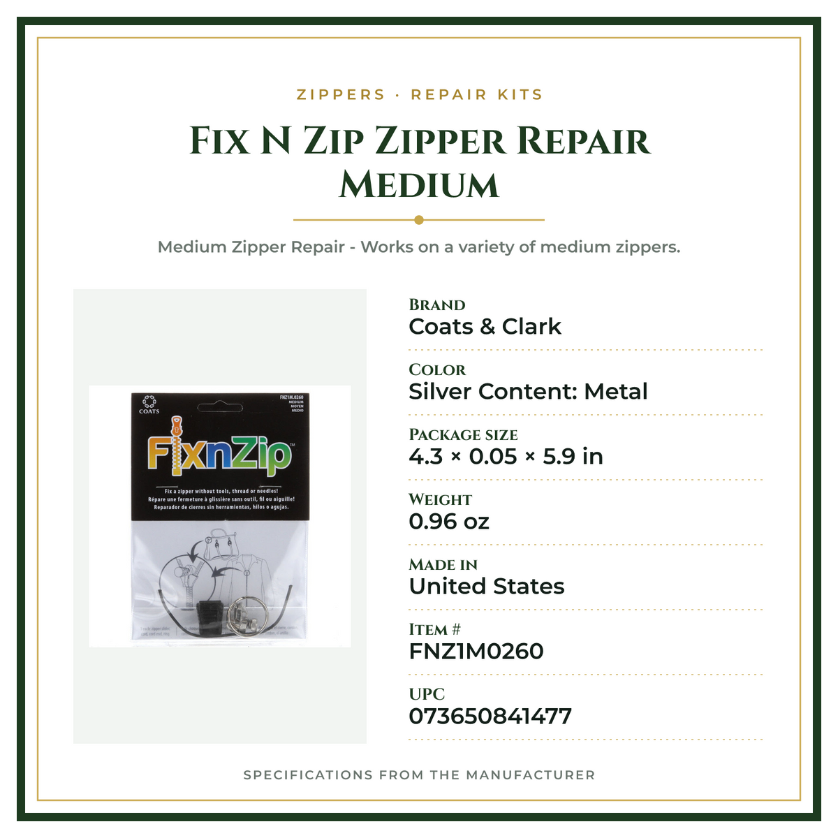 Product Specifications – Fix N Zip Zipper Repair Medium