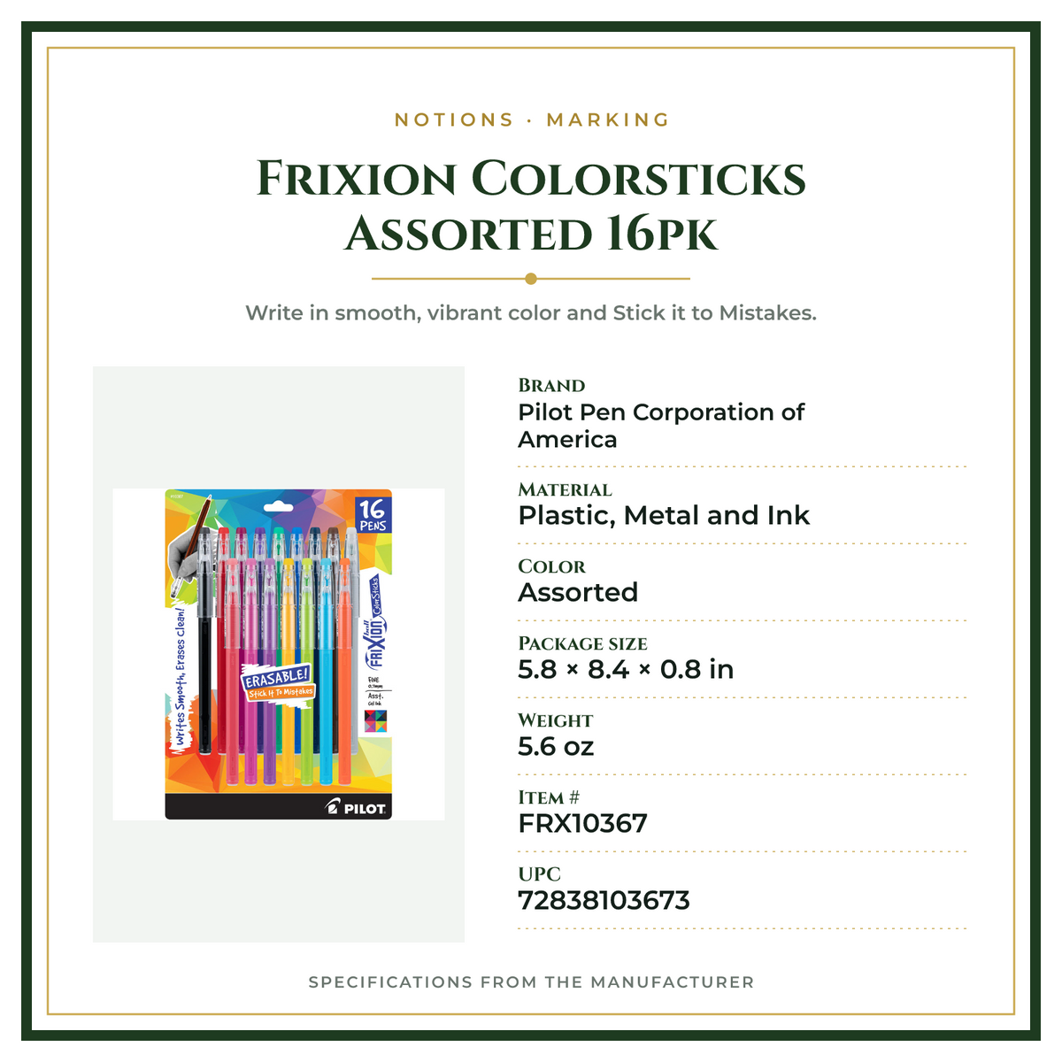 Product Specifications – Frixion Colorsticks Assorted 16pk