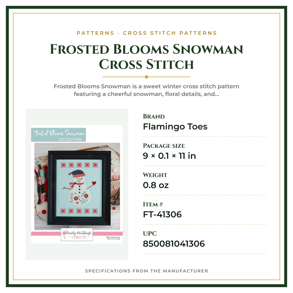 Product Specifications – Frosted Blooms Snowman Cross Stitch