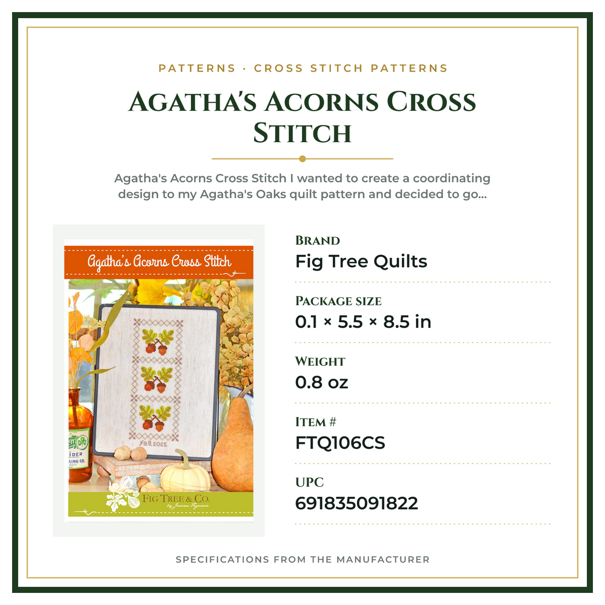 Product Specifications – Agatha's Acorns Cross Stitch