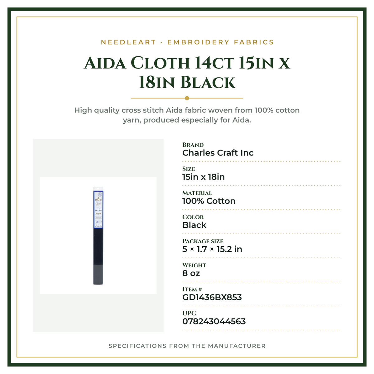 Product Specifications – Aida Cloth 14ct 15in x 18in Black