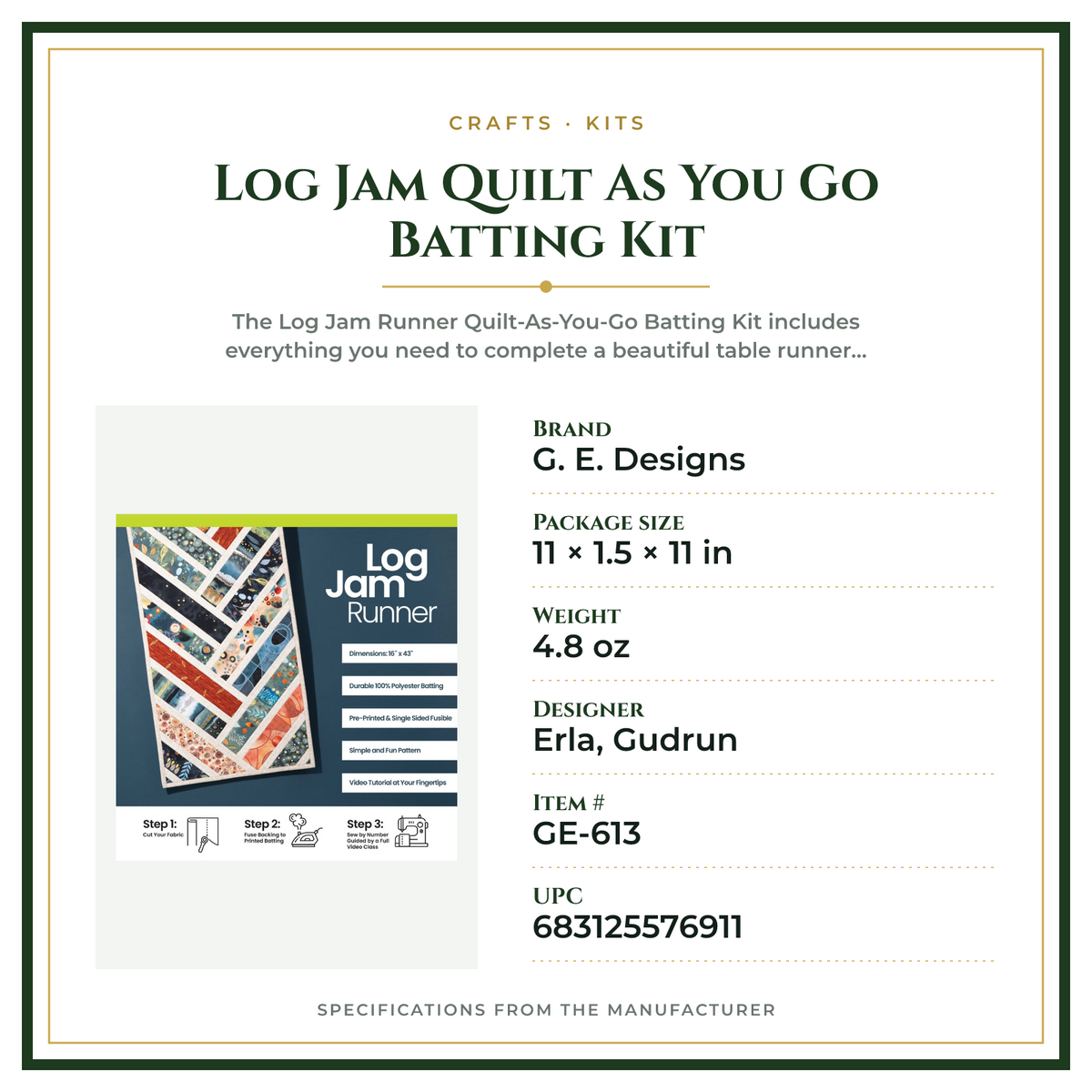 Product Specifications – Log Jam Quilt As You Go Batting Kit