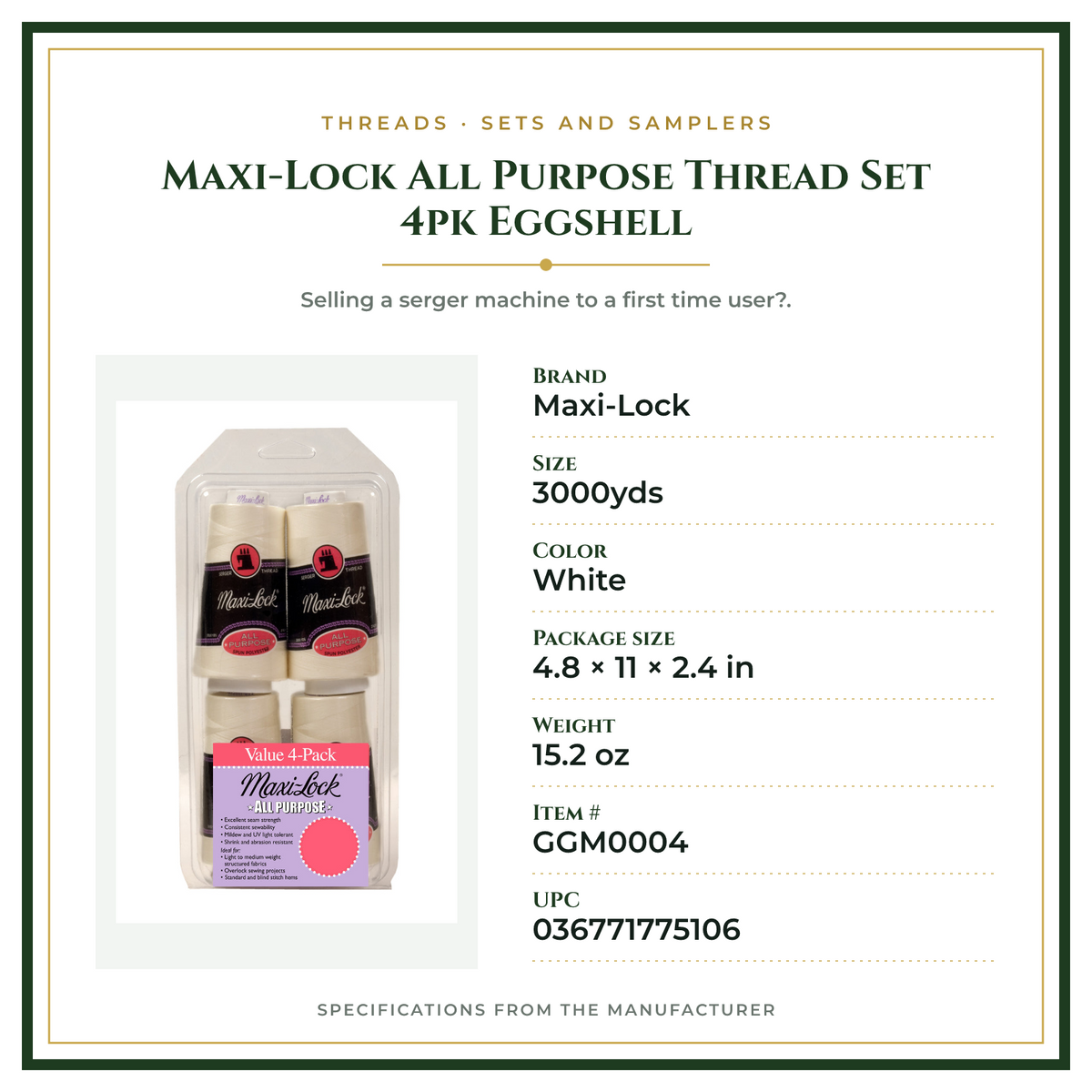 Product Specifications – Maxi-Lock All Purpose Thread Set 4pk Eggshell