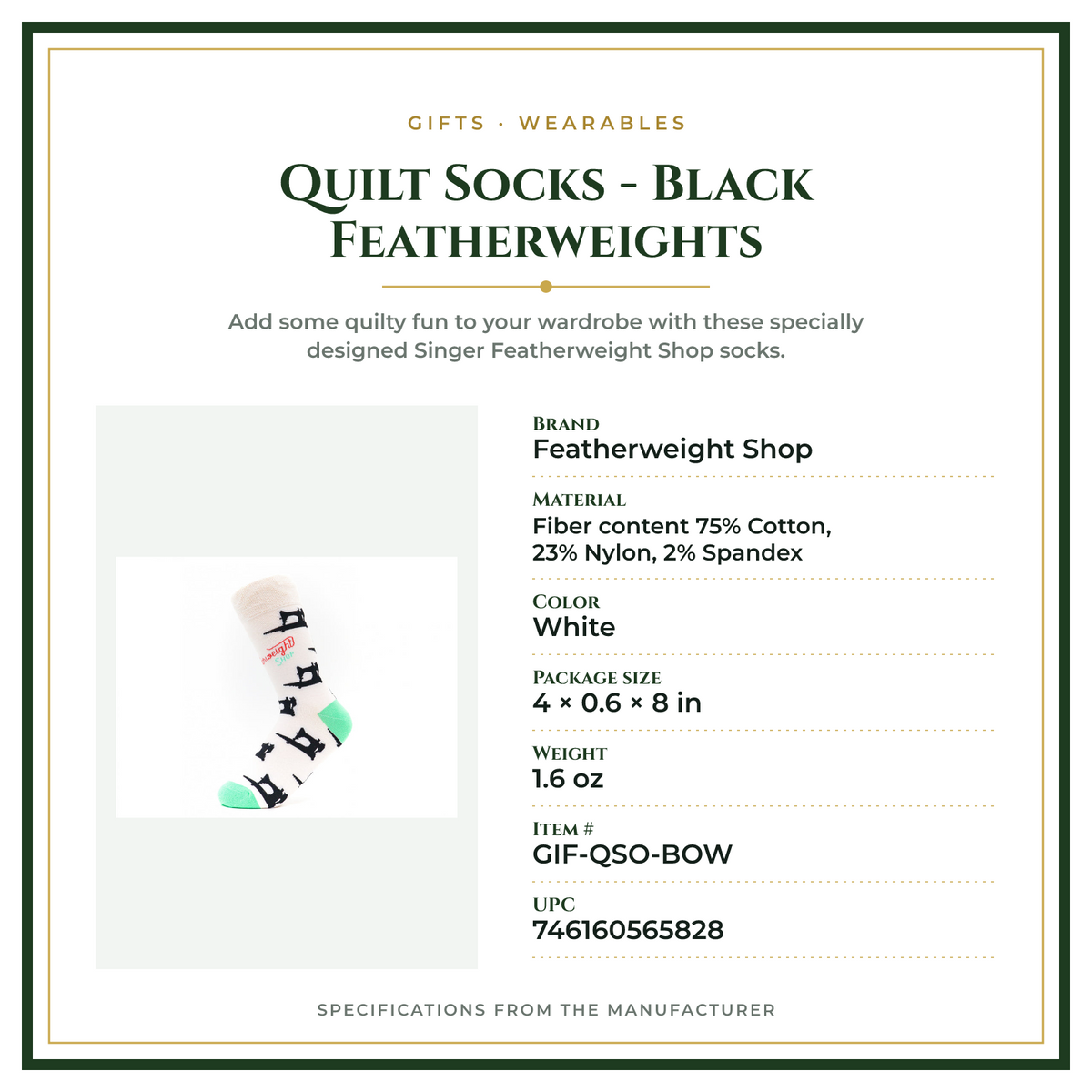 Product Specifications – Quilt Socks - Black Featherweights